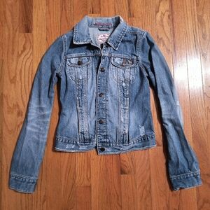 Abercrombie Vintage distressed blue jean denim jacket, size junior large